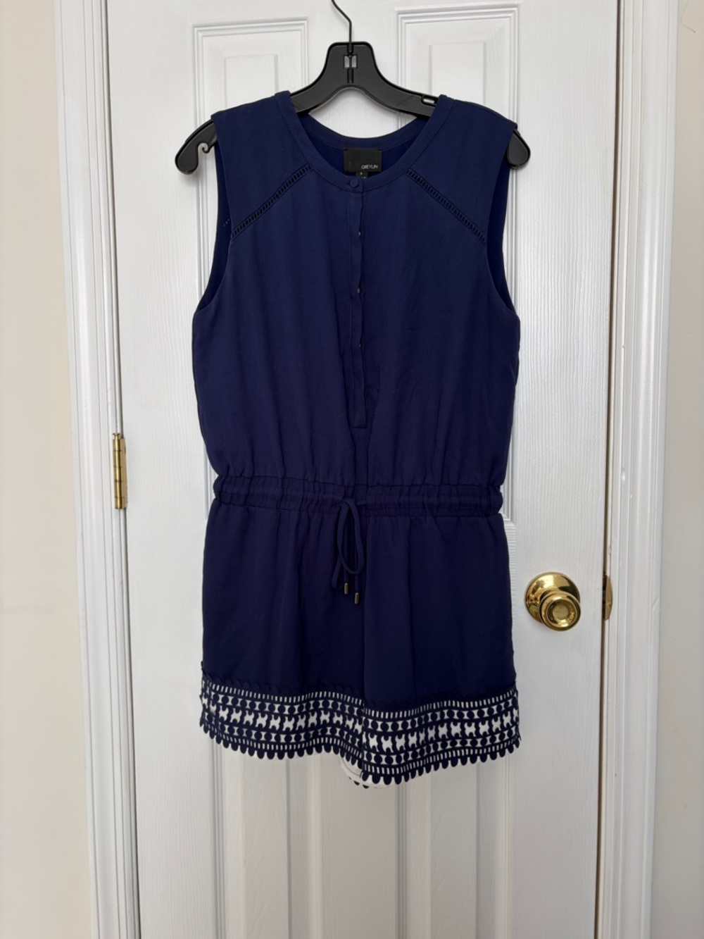 Greylin Navy Blue Sleeveless Drawstring Romper with Crochet Hem